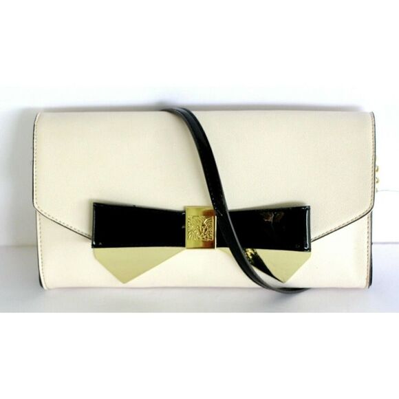 Anne Klein IVORY COATED GENUINE LEATHER BLACK GOLD BOW FLAP SHOULDER BAG CLUTCH - Picture 1 of 10